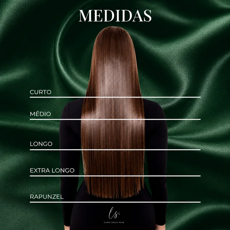 Guia de medidas do cabelo: cinco linhas marcam os comprimentos curto (na altura das costas), médio, longo, extra longo e rapunzel, o mais comprido.